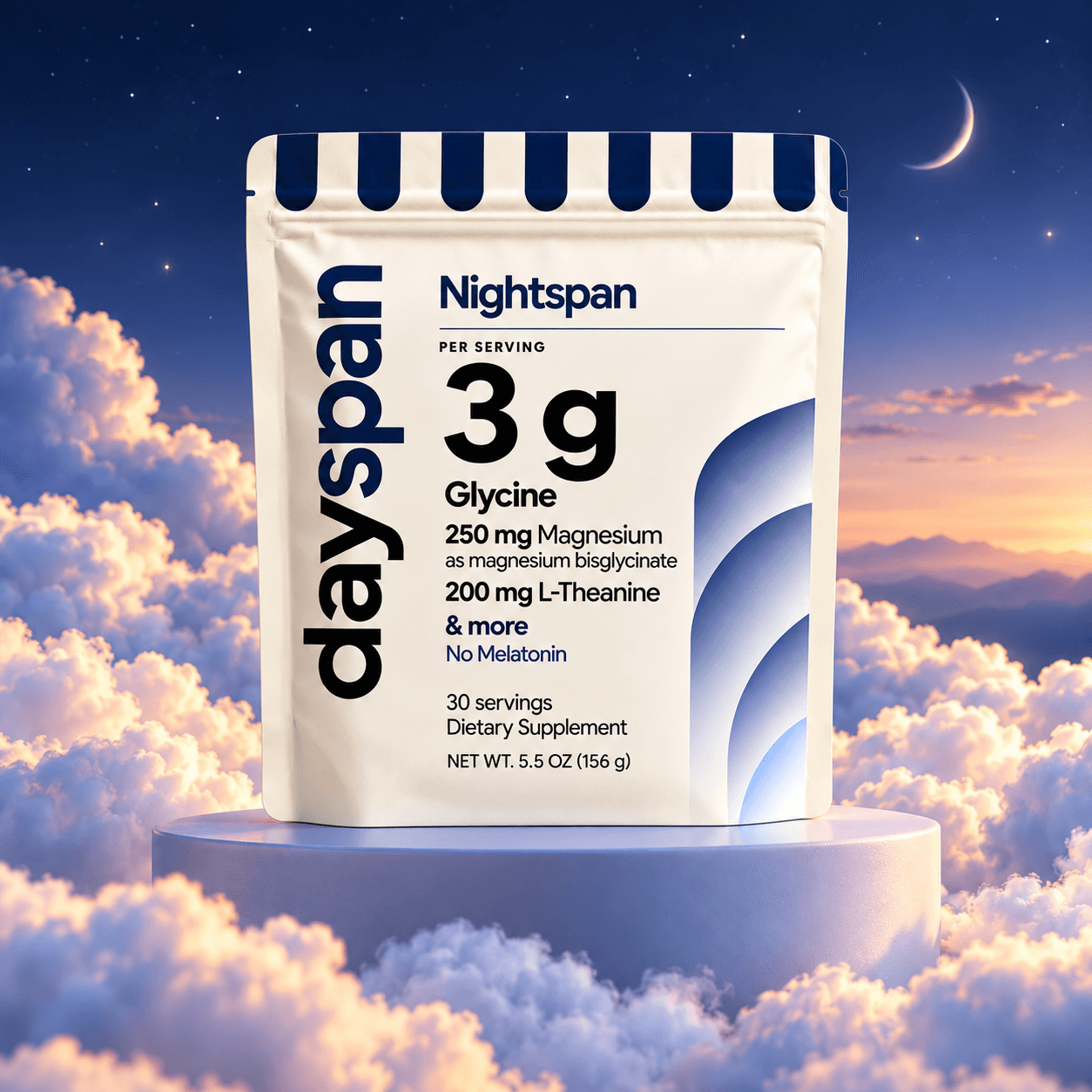 Nightspan 30-serving bag on a periwinkle pedestal surrounded by twilight clouds
