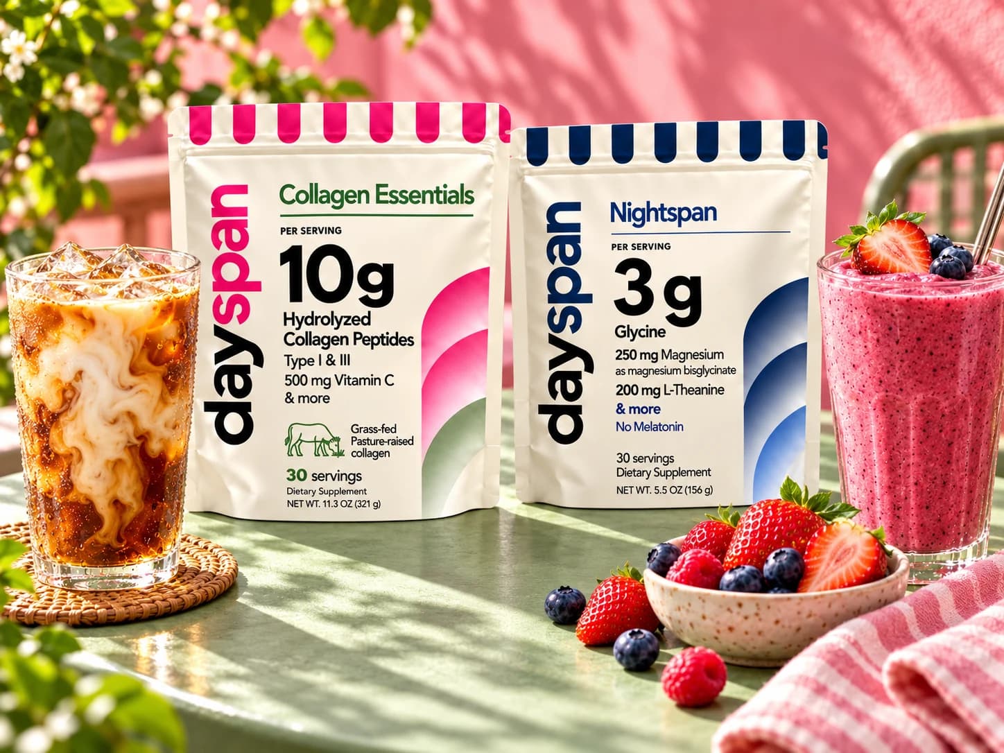 Dayspan Collagen Essentials and Nightspan bags together on a sunlit café table with iced coffee and a berry smoothie; serving suggestions
